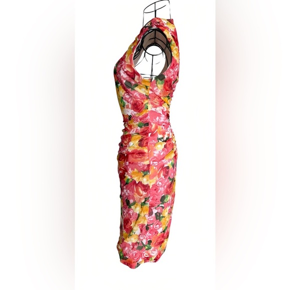 Cache Women’s Size 4 Floral Ruched Sheath Dress Sleeveless Keyhole Neck Cocktail - Picture 2 of 8